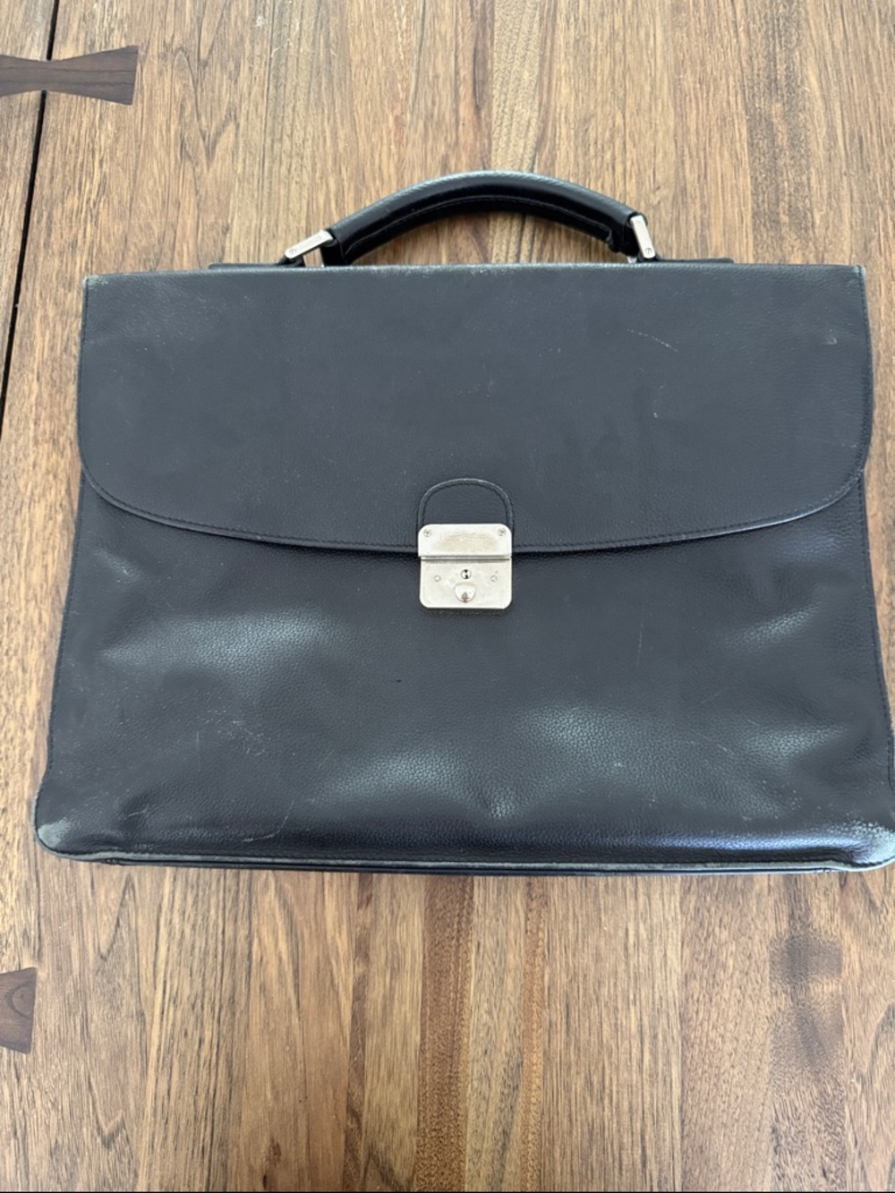Longchamp Black Leather Briefcase with Silver Lock